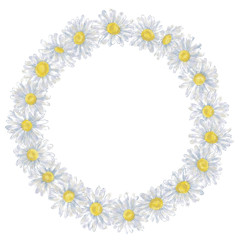 Daisy Round Wreath Isolated on White Background with Text Copy Space. Chamomile Round Frame for Announcements, Advertising, Invitations, Cards, and Promotional Materials. Romantic Floral Frame.
