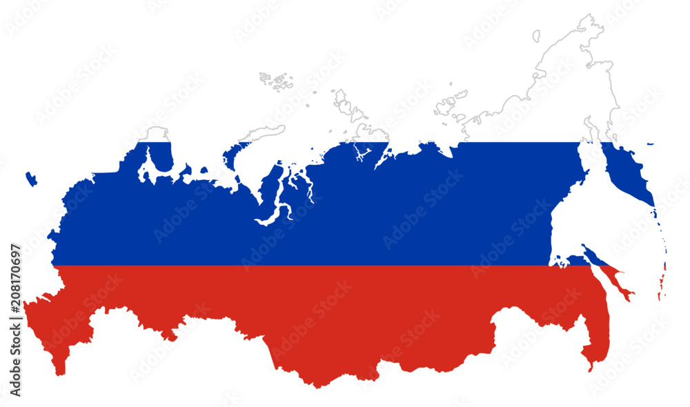 Wall mural Flag of Russia in the country silhouette. Tricolor flag of three horizontal fields in white, blue and red color. Outline of the Russian Federation, country in Eurasia. Illustration over white. Vector.