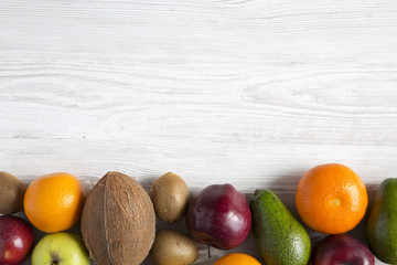 Set of different fresh organic fruits. Copy space. Top view. Flat lay.