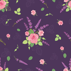 Pink purple roses ditsy seamless pattern. Great for retro summer fabric, scrapbooking, giftwrap, and wallpaper design projects. Surface pattern design.