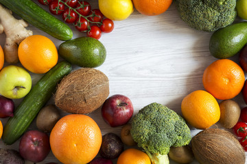 Frame of different fresh organic fruits and vegetables. Top view. Flat lay. Copy space.