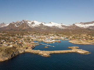 Fototapeta premium The fishing harbor of Kabelvag at Lofoten Islands / Norway from above