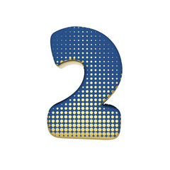 Alphabet number 2. Gold halftone font made of blue jean texture. 3D render isolated on white background.