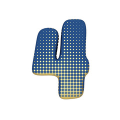 Alphabet number 4. Gold halftone font made of blue jean texture. 3D render isolated on white background.