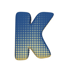 Alphabet letter K uppercase. Gold halftone font made of blue jean texture. 3D render isolated on white background.