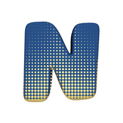 Alphabet letter N uppercase. Gold halftone font made of blue jean texture. 3D render isolated on white background.
