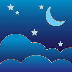 Obraz na płótnie Canvas Eid al-fitr Vector illustration Moon and stars in the clouds on the sky Paper cut poster in blue tones