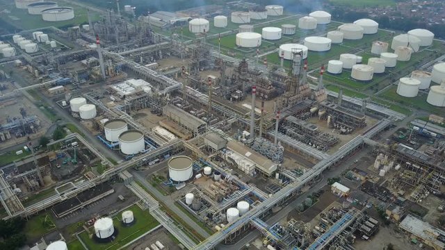 Drone shot of oil refinery in Indonesia