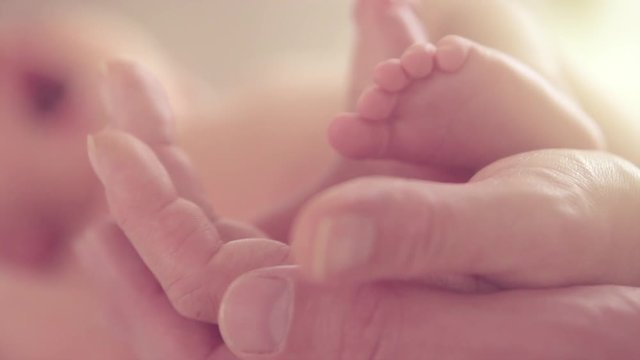 Baby feet in parent's hands. Tiny newborn baby's feet on hands closeup. Happy family concept. Slow motion. 3840X2160 4K UHD video footage