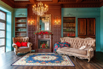 Luxury classic interior of home library. Sitting room with bookshelf, books, arm chair, sofa and...