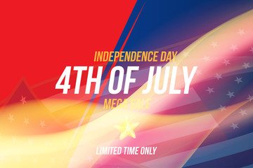 Horizontal Flyer Celebrate Happy 4th of July - Independence Day. Mega sale and hot discounts with USA flag and a realistic flame of fire. National American holiday event.