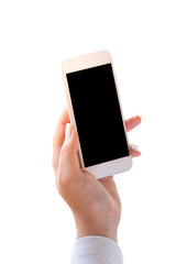 woman's hand holding white Smartphone with black on a white background screen