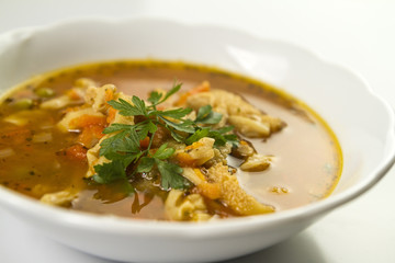 Traditional and very popular in east and south Europe soup from beef tripe with marjoram and parsley.