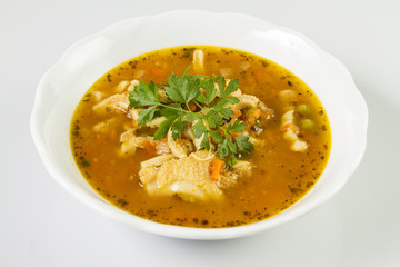 Traditional and very popular in east and south Europe soup from beef tripe with marjoram and parsley.
