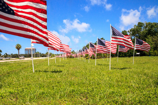 Patriotic Display Of Multiple Large American Flags