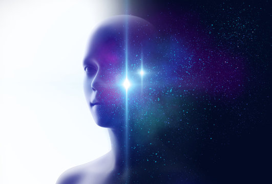 silhouette of virtual human and nebula cosmos  3d illustration