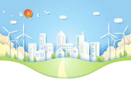 Ecology and Environment concept with green eco urban city paper art style.Vector illustration.