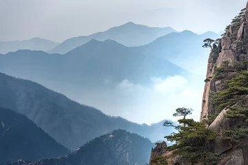 Papier Peint photo Monts Huang View point of Stone monkey on the top of mountain, Huangshan mountain Cloud Sea Scenery, East China`s Anhui Province.