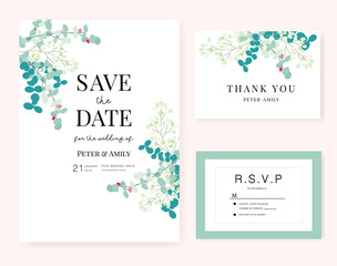 Wedding invite, invitation, rsvp, save the date card design with elegant peony pink garden rose anemone, wax flowers eucalyptus branches leaves, cute golden geometrical pattern. Vector template set