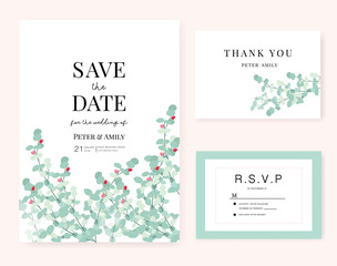 Wedding invite, invitation, rsvp, save the date card design with elegant peony pink garden rose anemone, wax flowers eucalyptus branches leaves, cute golden geometrical pattern. Vector template set