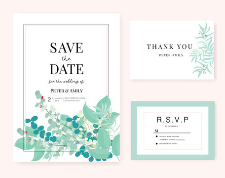 Wedding invite, invitation, rsvp, save the date card design with elegant peony pink garden rose anemone, wax flowers eucalyptus branches leaves, cute golden geometrical pattern. Vector template set