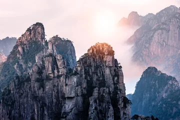 Photo sur Plexiglas Monts Huang View point of Stone monkey on the top of mountain, Huangshan mountain Cloud Sea Scenery, East China`s Anhui Province.