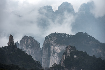 View point the top of Huangshan mountain with pine trees, East China`s Anhui Province.