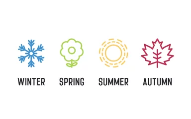 Deurstickers Four seasons icon set. 4 Vector graphic element illustrations representing winter, spring, summer, autumn. Snowflake, flower, sun and maple leaf © Pedro