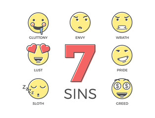 7 deadly sins represented by seven emoticon character expressions. Vector thin line icon illustrations. Colorful outline effect. Wrong negative behaviours according to religion. - obrazy, fototapety, plakaty