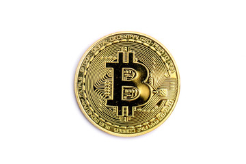 cryptocurrency Golden bitcoin, space for text or logo, isolated on white