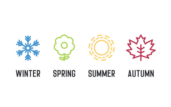 Four seasons icon set. 4 Vector graphic element illustrations representing winter, spring, summer, autumn. Snowflake, flower, sun and maple leaf