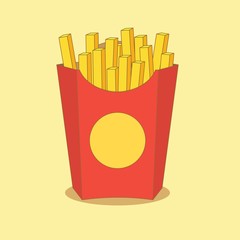 French fries vector illustration, flat cartoon style french-fried potatoes in paper box isolated, fried potato on background