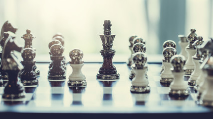 Chess photographed on a chessboard,leader and teamwork concept for success