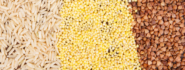 Buckwheat, millet groats and brown rice, healthy, gluten free food concept