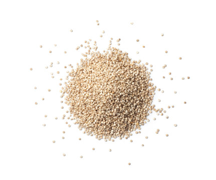 Pile of white quinoa seeds isolated on white background