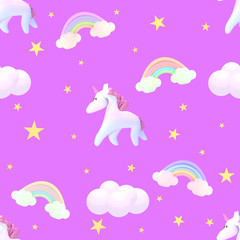 Obraz na płótnie Canvas Seamless unicorn and rainbow clouds pattern. 3d rendering picture.
