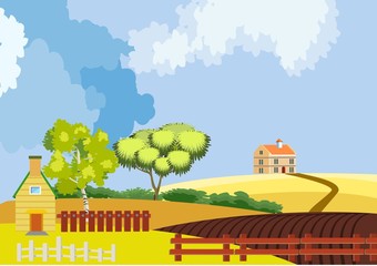 Countryside vector landscape, clouds, hence, trees, home, harvest, houses, concept vector