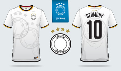 Fototapeta premium Soccer jersey or football kit template design for Germany national football team. Front and back view soccer uniform. Football t shirt mock up. Vector Illustration