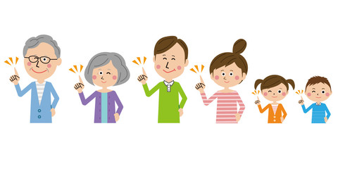ポップな3世代家族指差し　上半身