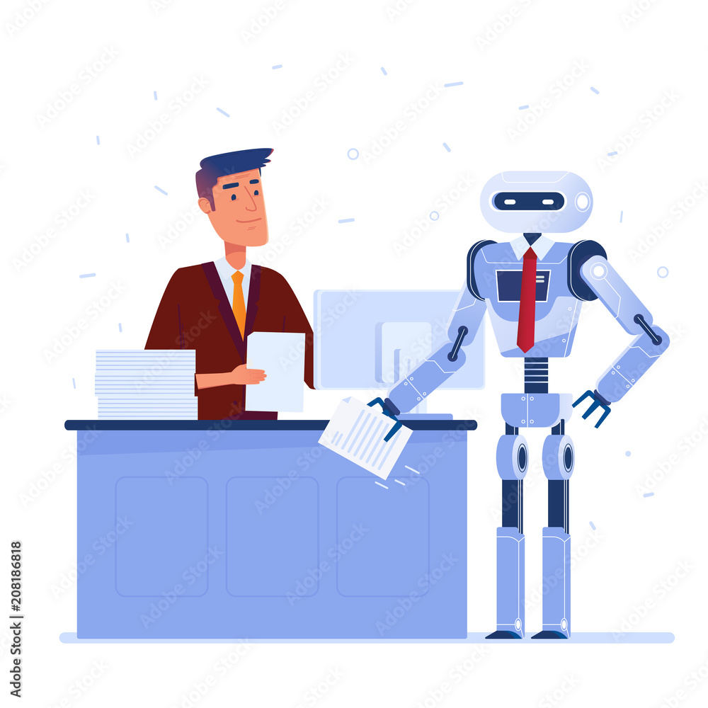 Poster young caucasian man hires a robot with curriculum vitae in hands. robot seeking for a job. concept o
