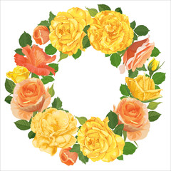 Naklejka na ściany i meble Flower frame of yellow roses with bud and leaves on white background. Vector set of blooming floral for advertising, holiday invitations, greeting card and fashion design.
