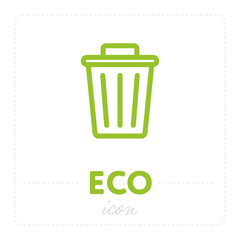 Green colored label Eco and minimalist linear icon of littering can isolated on white