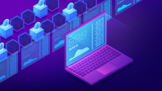 Isometric cryptocurrency trading landing page concept. Trading strategy, platform, cryptocurrency wallet and stock exchange on ultra violet background. Vector 3d isometric illustration.