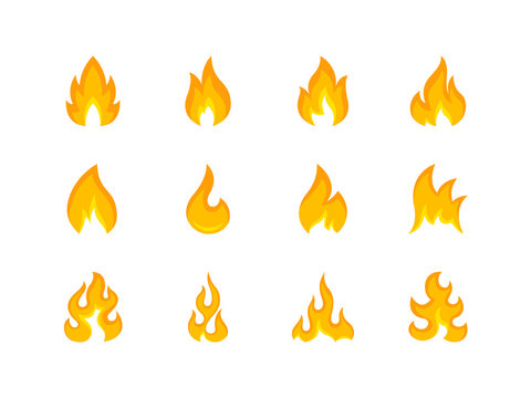Arrangement of colorful icons for fire flame in various shaped isolated on white background