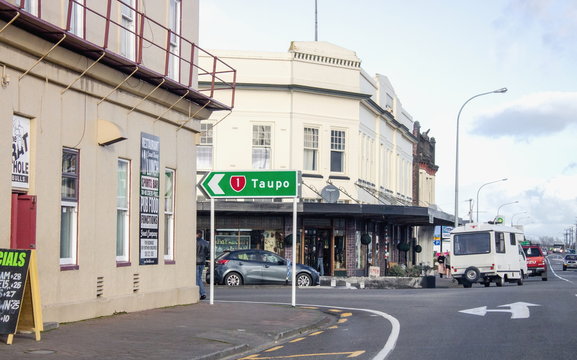Road sign on Bridge street showing the turn off to Taupo on State Highway One.