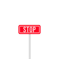 Minimalist design of red rectangle signpost with white word Stop isolated on white background