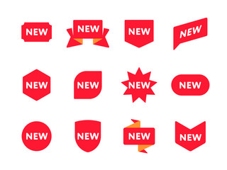 Collection of various shaped stickers and labels with word New isolated on white background
