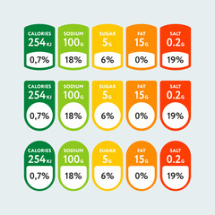 Arrangement of bright multicolored tags with daily norm percentage of micronutrients