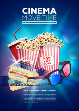 Bright multicolored poster showing Cinema movie time with image of popcorn and glasses with tickets