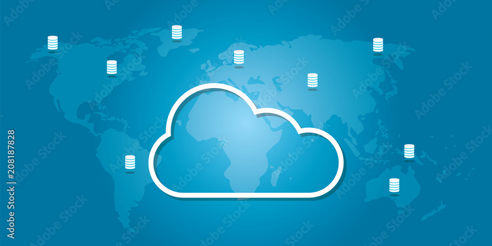 Poster cloud storage icons on world maps with database